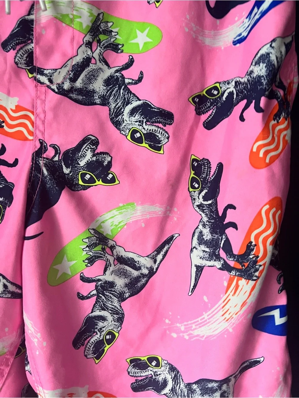 Lands’ End Boys XXL 18-20 Dinosaur Swim Trunks Pink Surf T Rex Board Shorts